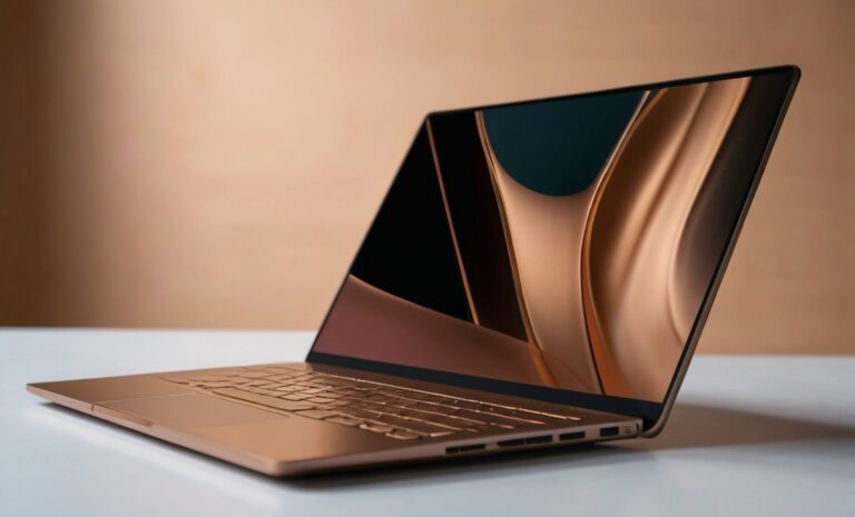 Default A sleek modern laptop gleams under the soft glow of th 0