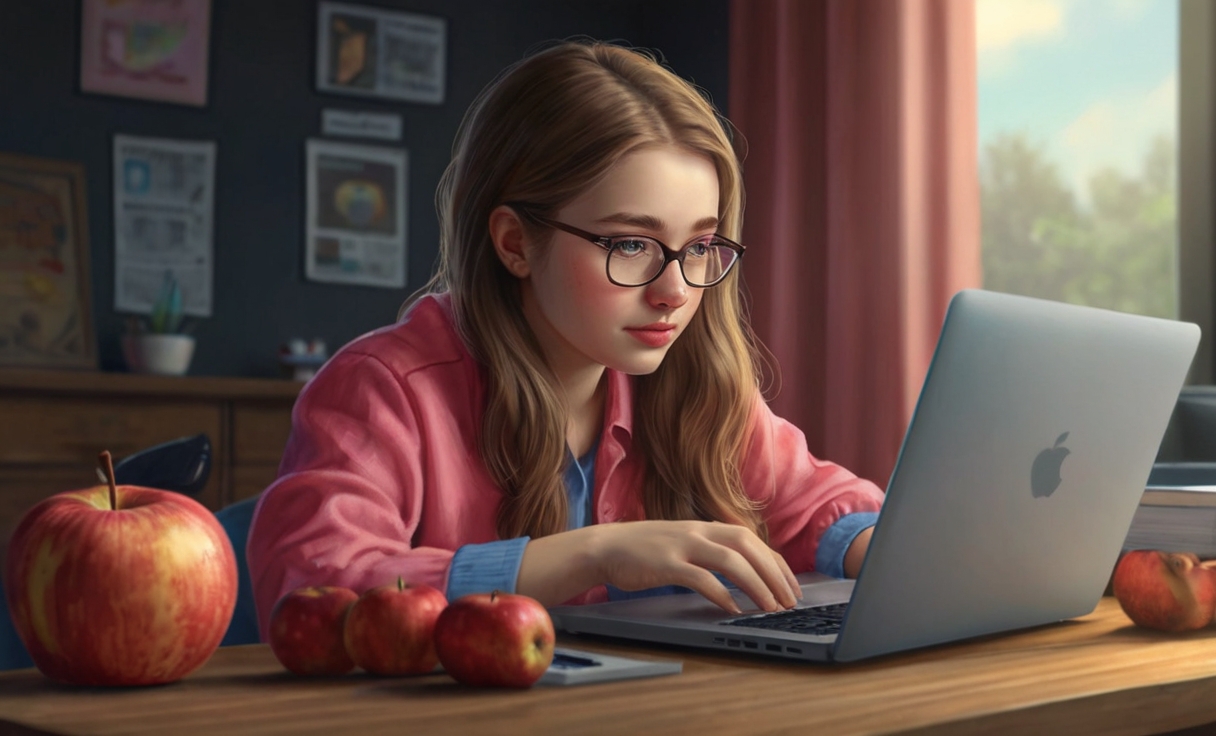 Default a realistic girl with a apple laptop in office with o 0
